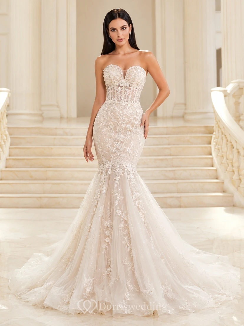Strapless Sweetheart Lace Applique Corset Mermaid Chapel Train Luxury Wedding Dress