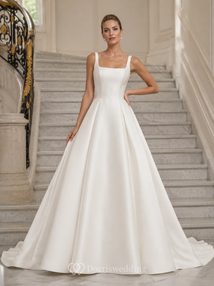 Robe de mariée minimaliste en satin à col carré et larges bretelles, décolleté en goutte d'eau