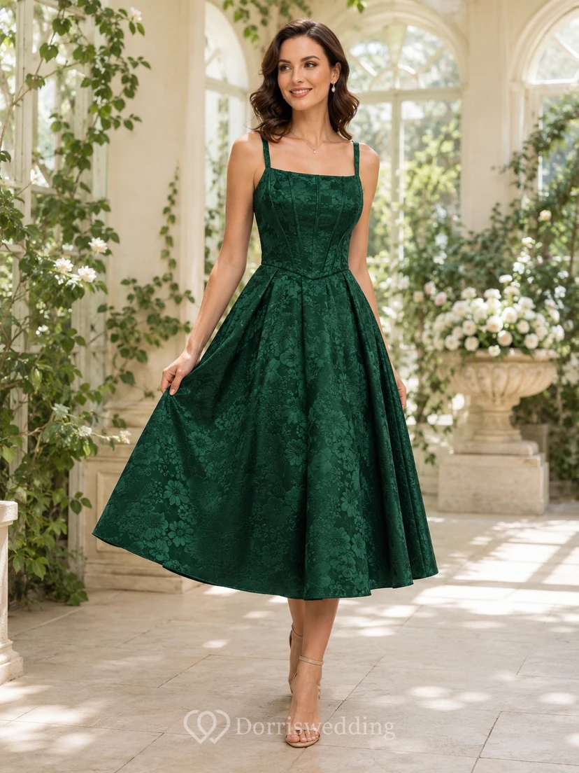 Dunkelgrünes, eckiges Spaghettiträgerkleid mit Blumenbrokatmuster, A-Linien-Schnitt und Teelänge im Vintage-Stil