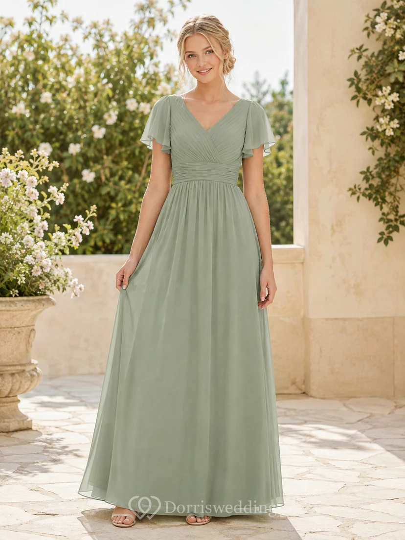 Celadonfarbenes Brautjungfernkleid für junge Damen, A-Linie, V-Ausschnitt, kurze Blütenblattärmel, elegant und romantisch