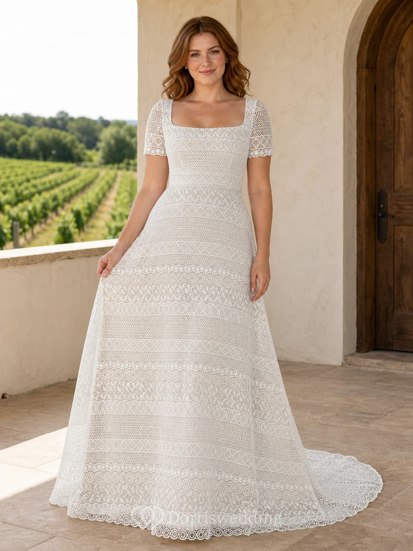 Vestido de novia bohemio de rayas, corte en A, cuello cuadrado, manga corta, largo hasta el suelo