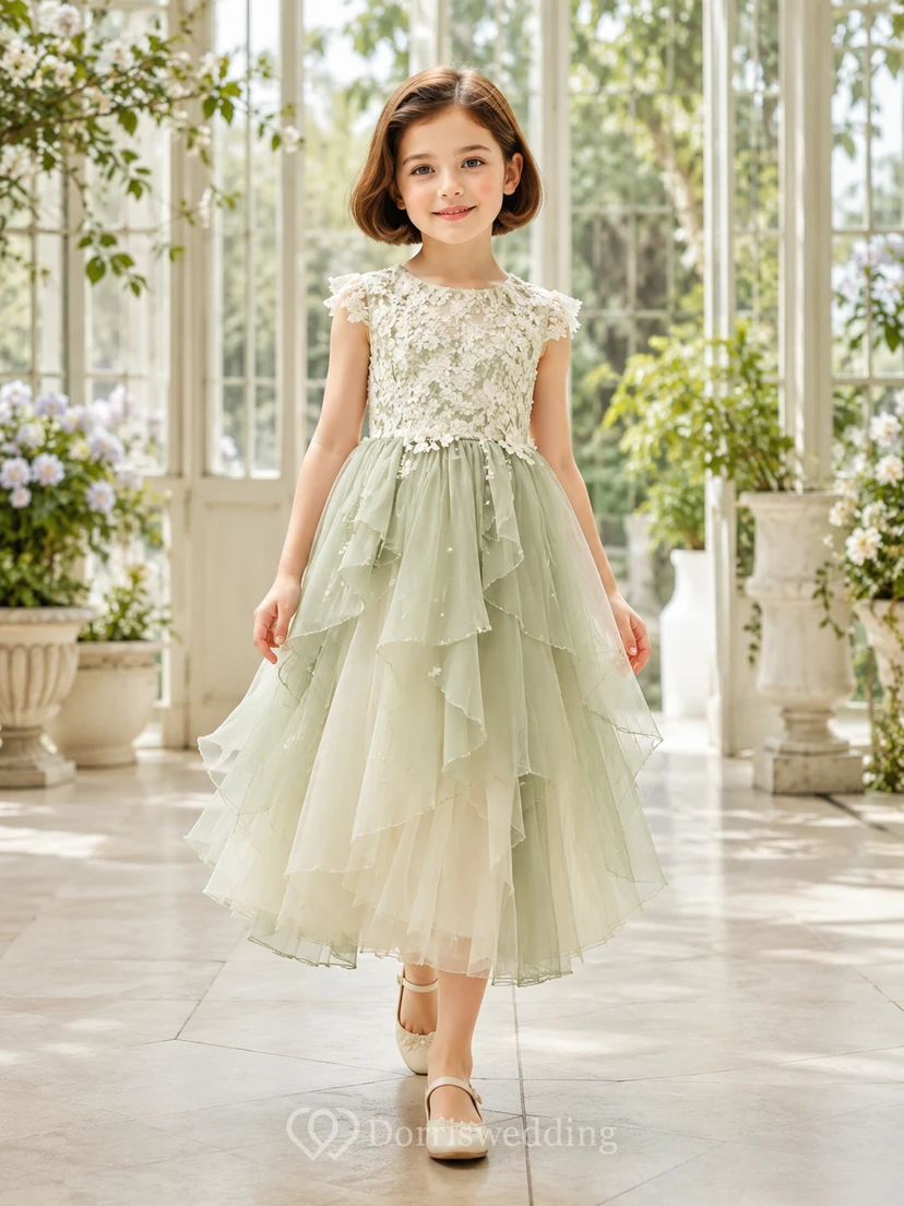 Flower Girl Dress Sage Lace Tulle A-Line Scoop Neck Tea Length Bow Back