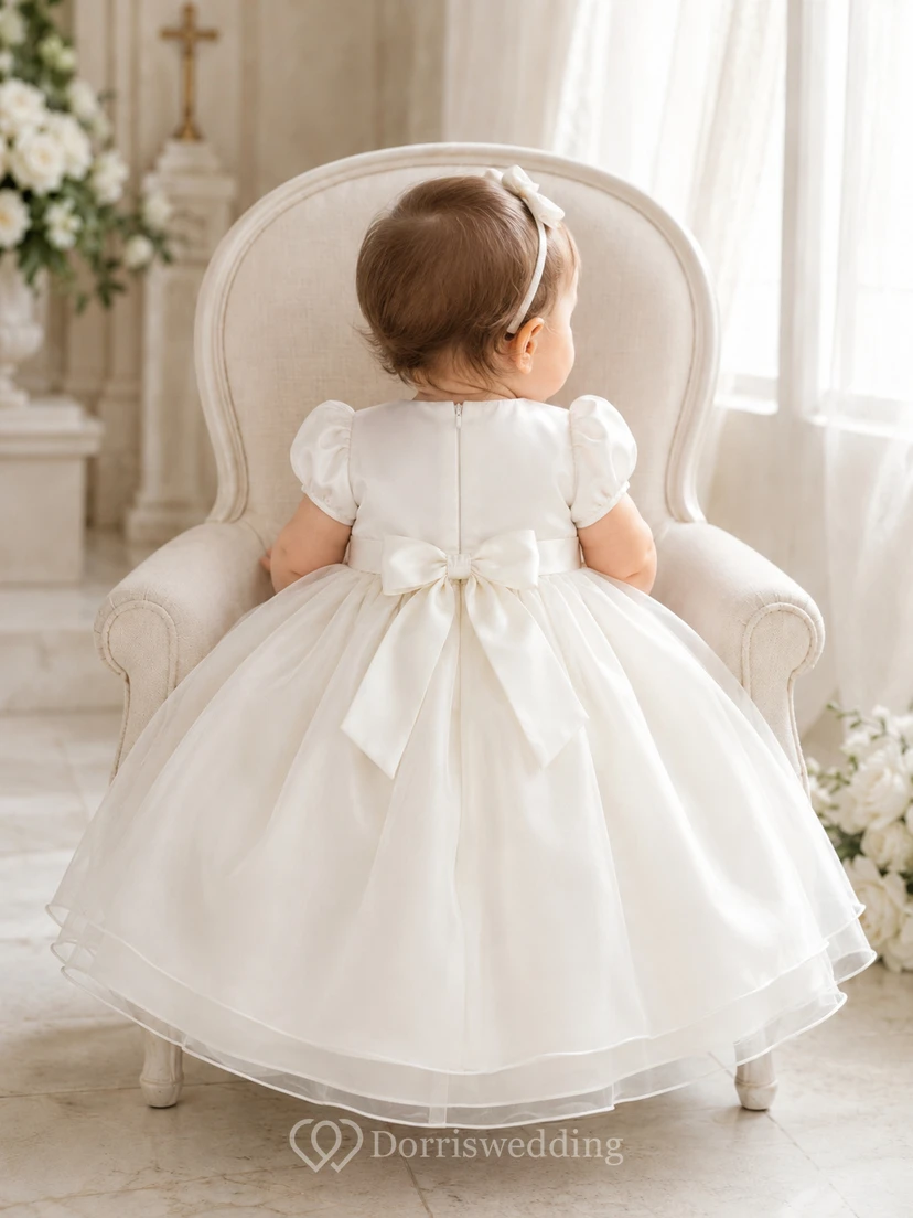 Satin Bodice Organza Skirt Baby Baptism A-Line Puff Sleeve Dress Simple view 2