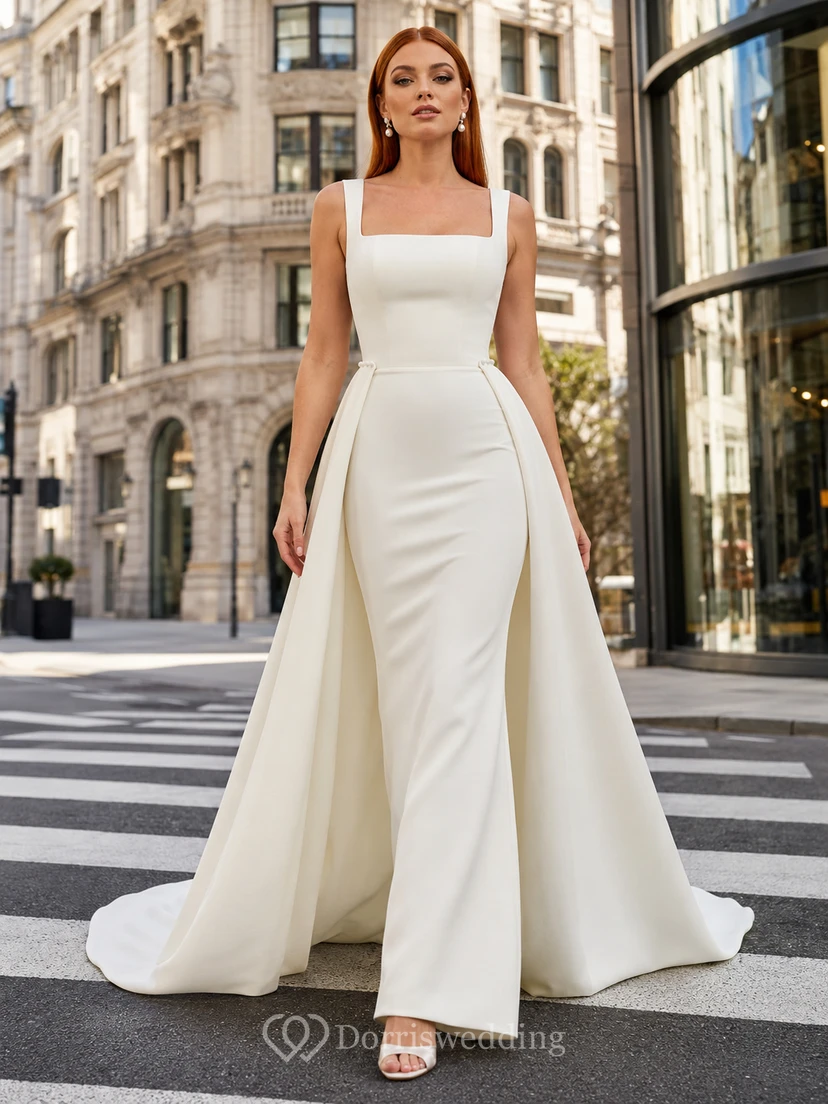 Robe de mariée minimaliste en satin, deux pièces, col carré, sans manches, traîne courte.