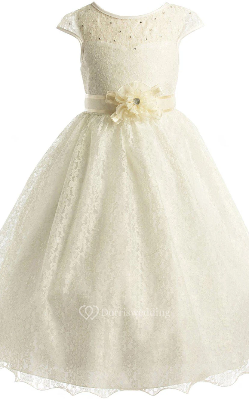 Cap-sleeved A-line Lace Dress With Flower