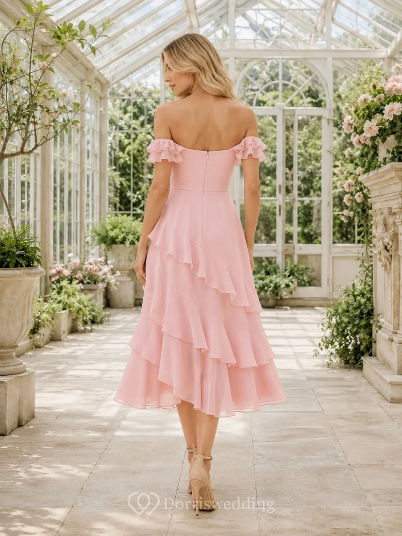 Blushing Pink Off-the-Shoulder Chiffon Tiered Ruffle A-Line Tea-Length Romantic Dress view 2