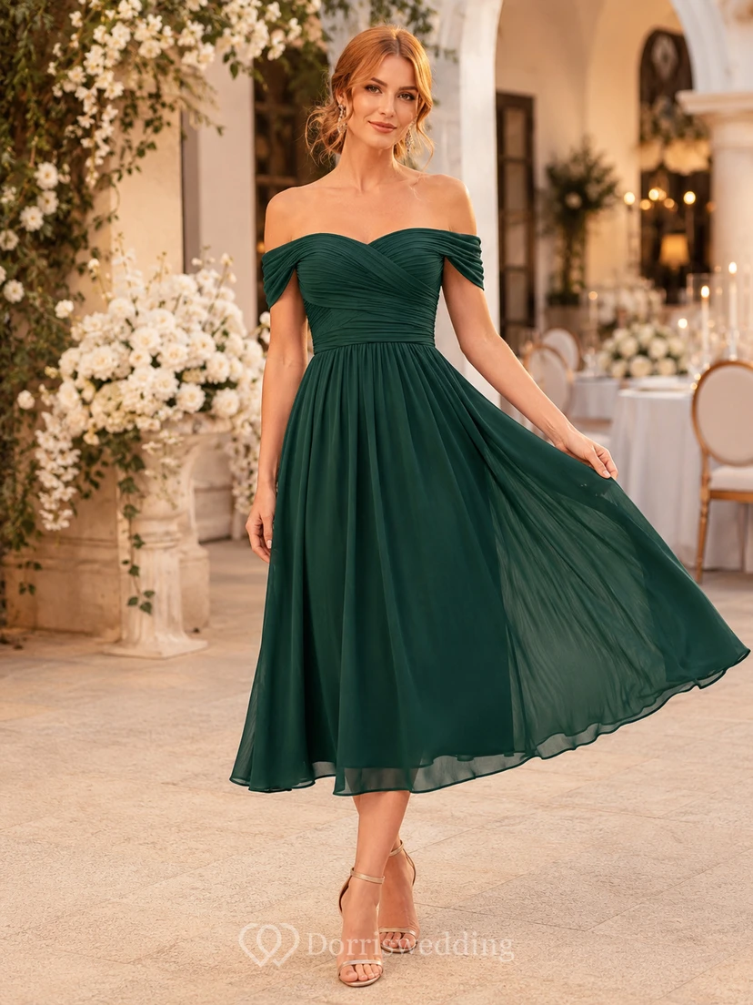 Emerald off shoulder chiffon tea length A-line guest dress