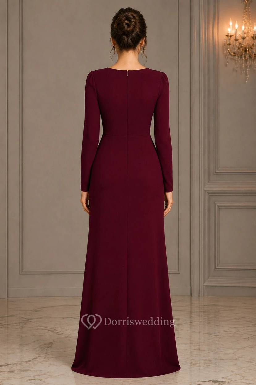 Burgundy V-neck Ruched Sheath Formal Dress view 2