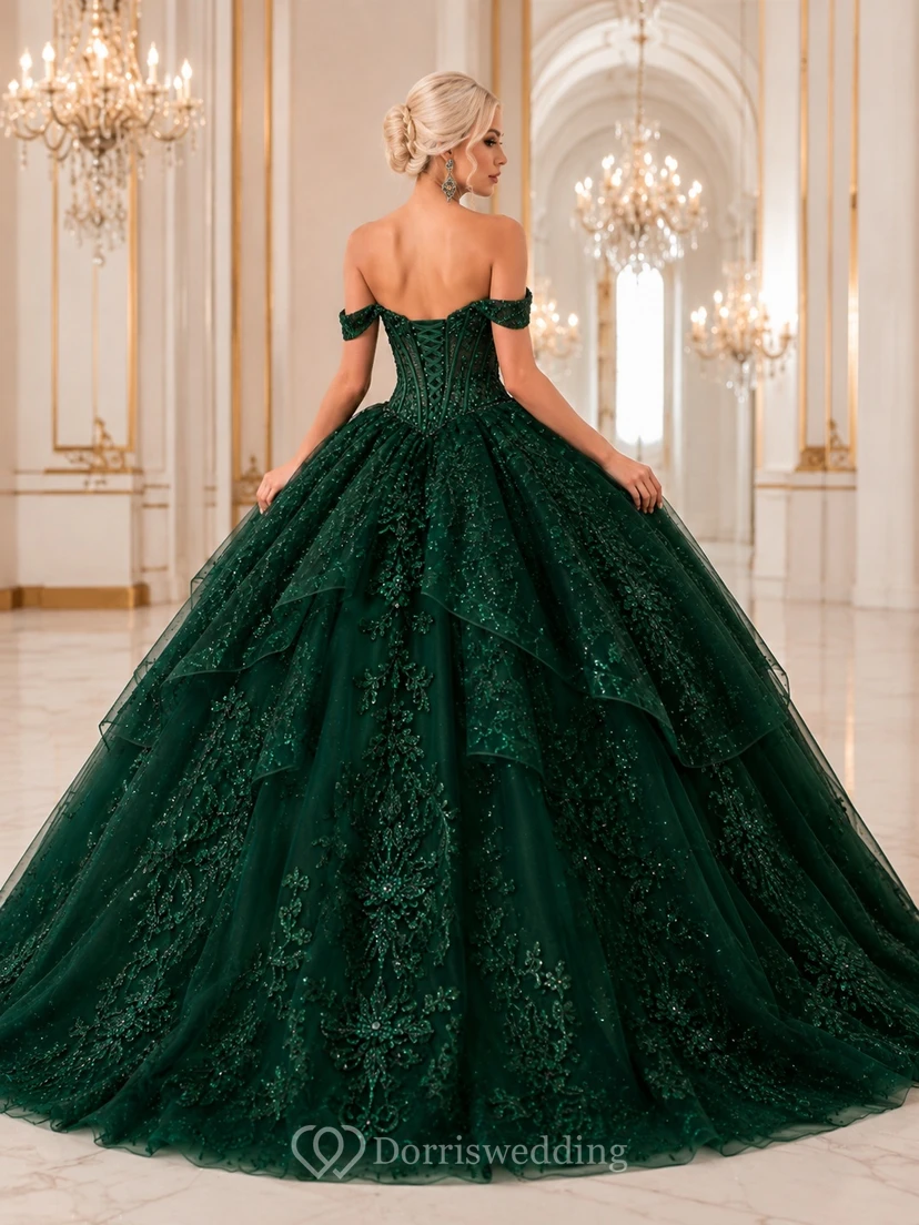 Dark Green Off-Shoulder Corset Lace Ball Gown Floor-Length Luxury Quinceanera Dress view 2