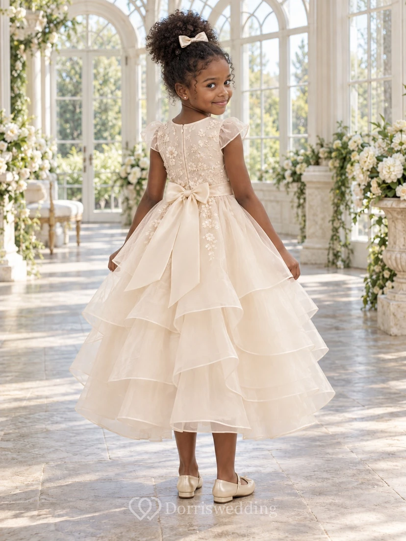 Tea-length Ivory Floral A-line Organza Cap-sleeve Appliqued Layered Flower Girl Dress view 2