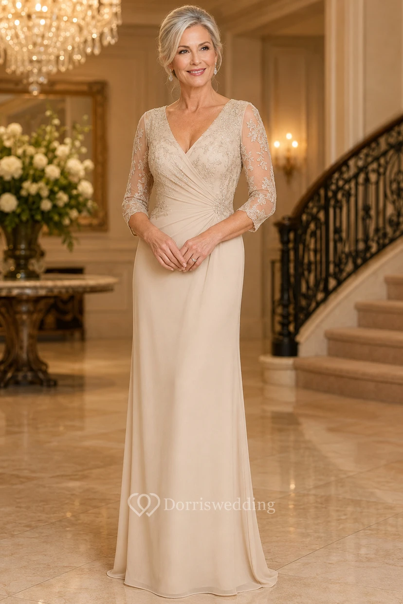 Champagne Lace Sleeve Sheath Mother Dress with V-Neck