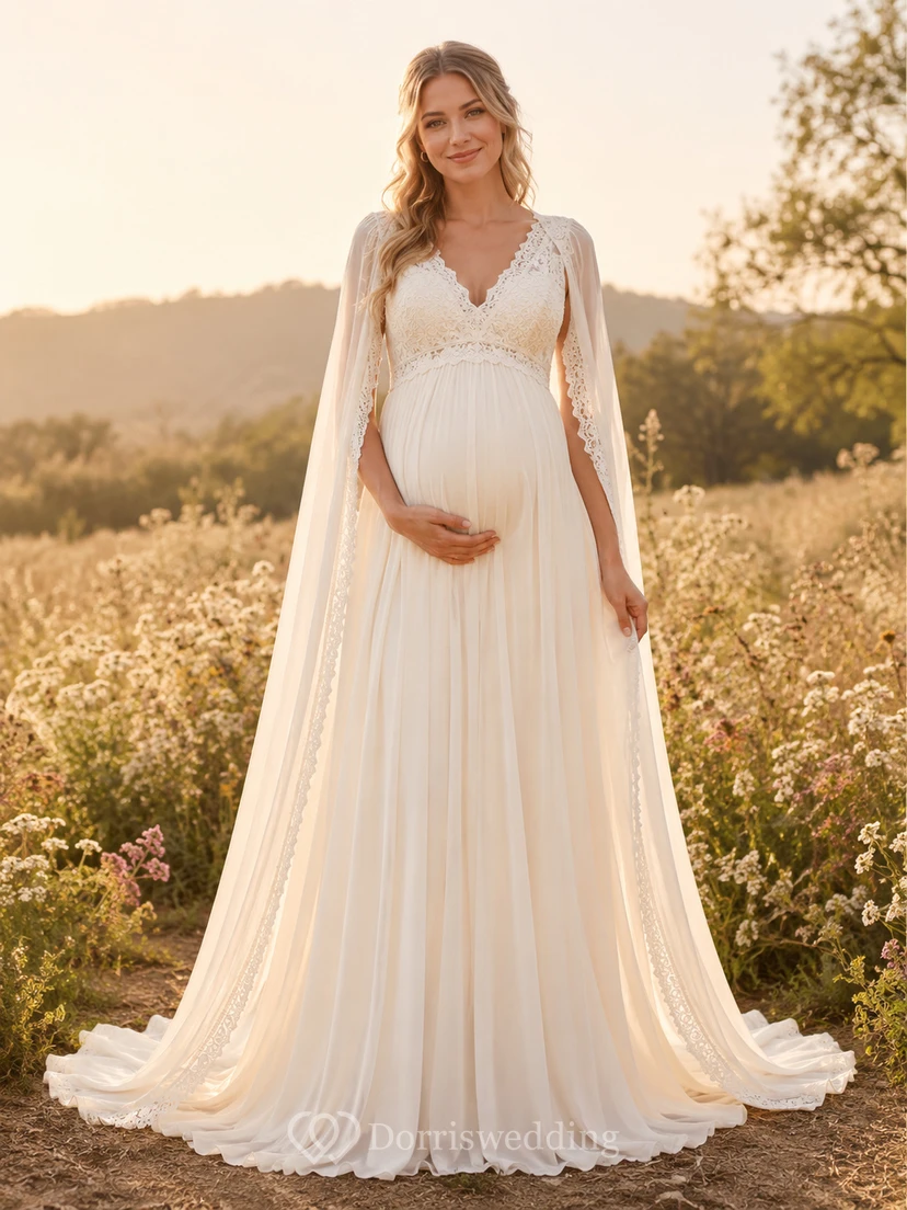 Maternity Wedding Dress V-Neck Lace Bodice Cape A-Line Country Bridal Gown with Train