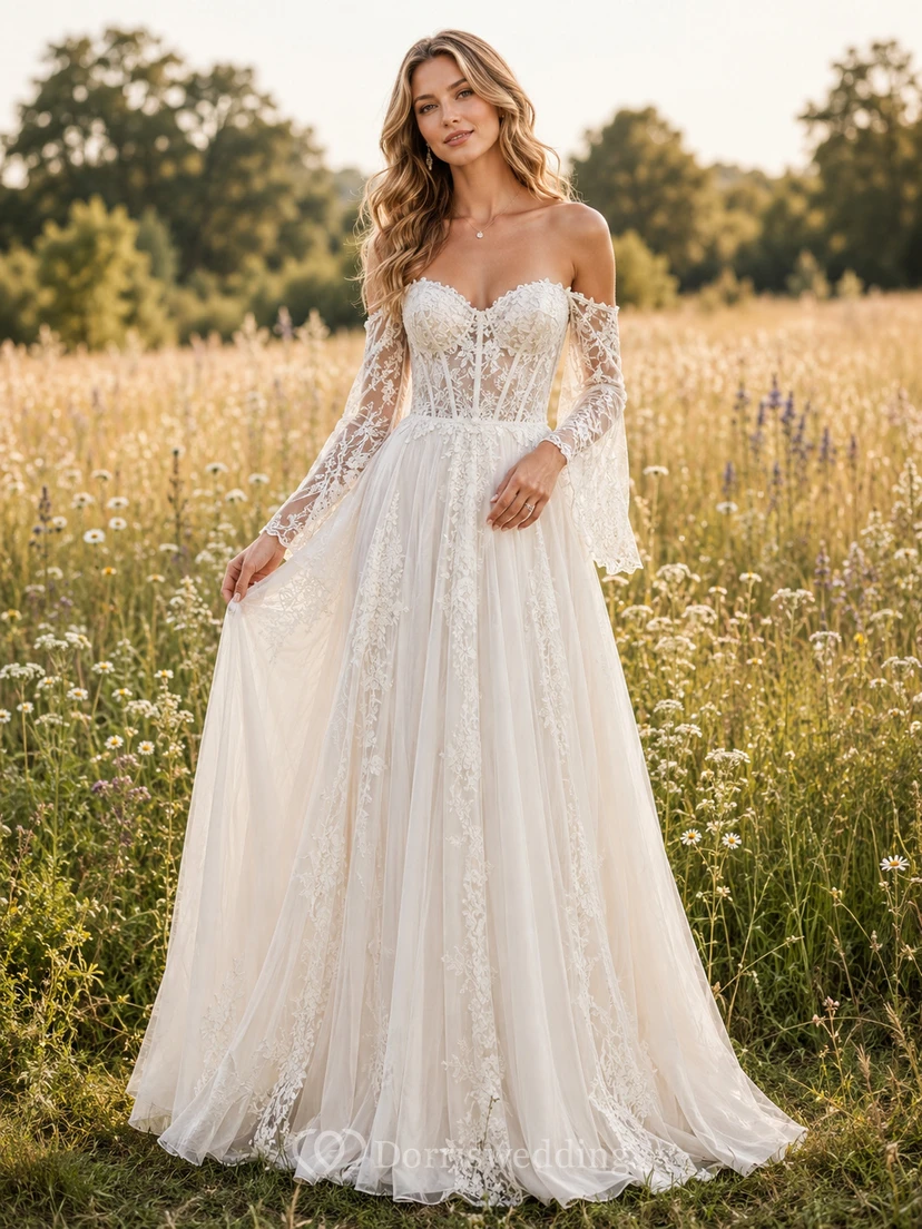 Robe de mariée longue en tulle fleuri, coupe trapèze, épaules dénudées, manches longues, ornée d'appliqués et traîne.