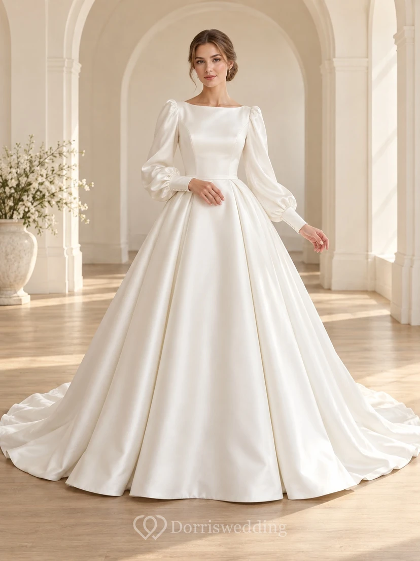 Modest Simple Bateau Balloon Sleeve Satin Pleated Ball Gown Wedding Dress