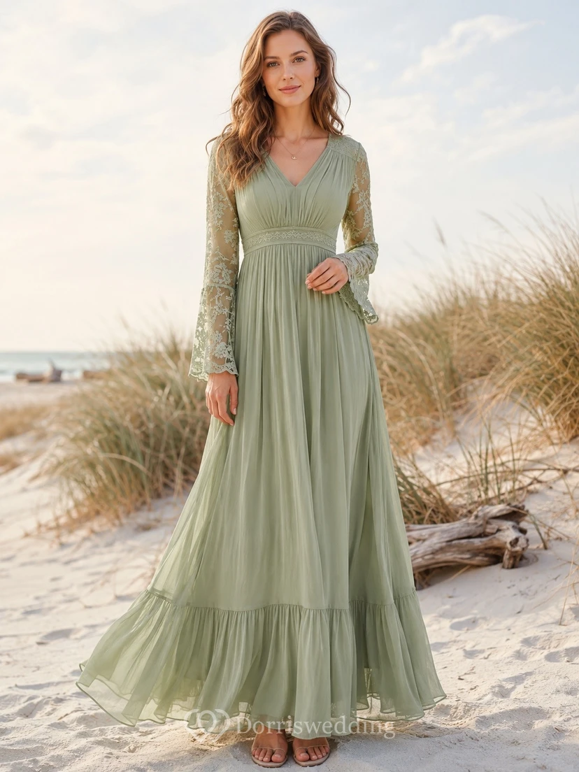 Sage Green V-Neck Long Sleeve Tiered Boho Maxi Dress