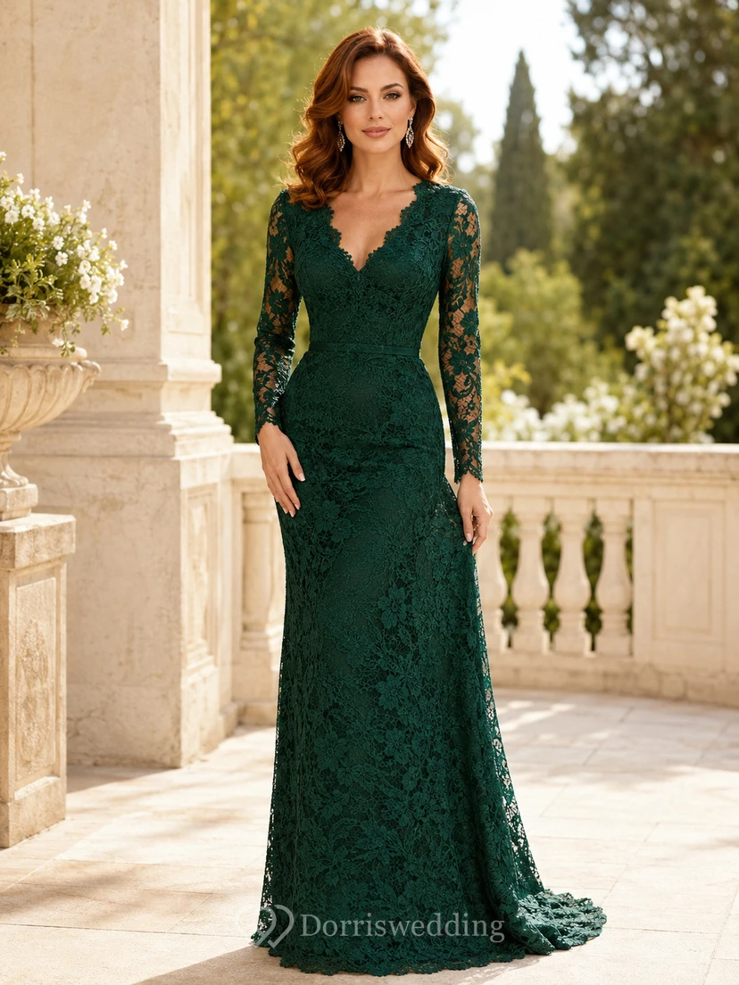 Robe sirène en dentelle vert foncé à manches longues
