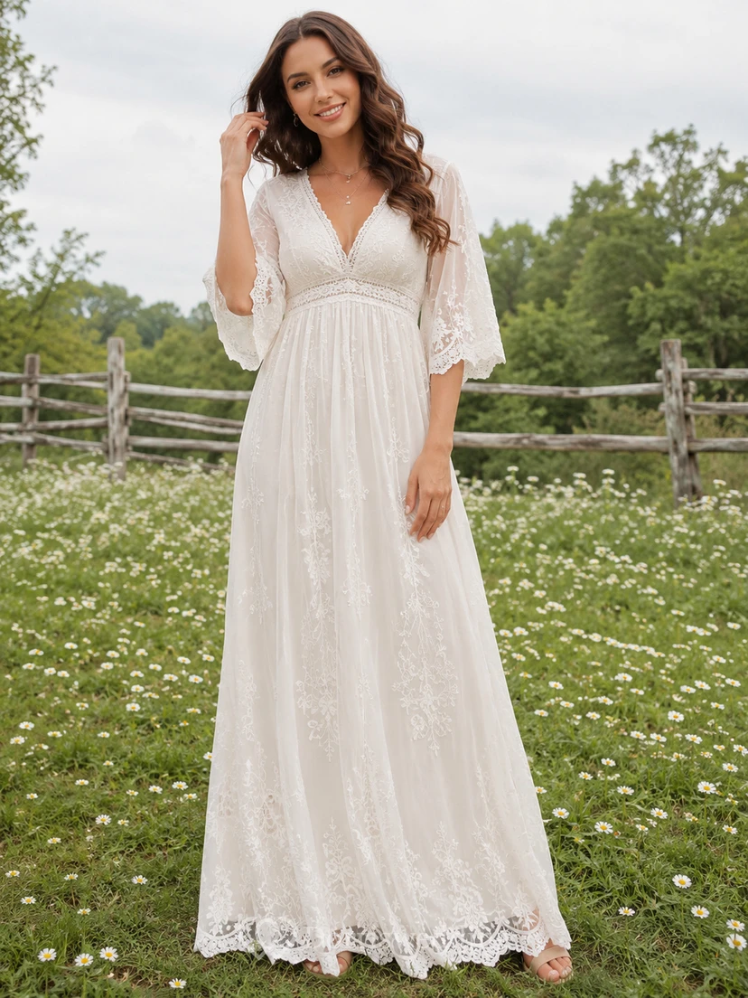 Robe de mariée bohème champêtre en dentelle à manches courtes et coupe trapèze