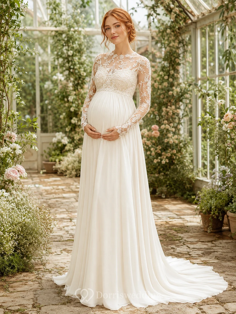 Vestido de novia premamá de cuello alto, manga larga, corpiño de encaje, corte A, estilo jardín, espalda descubierta.