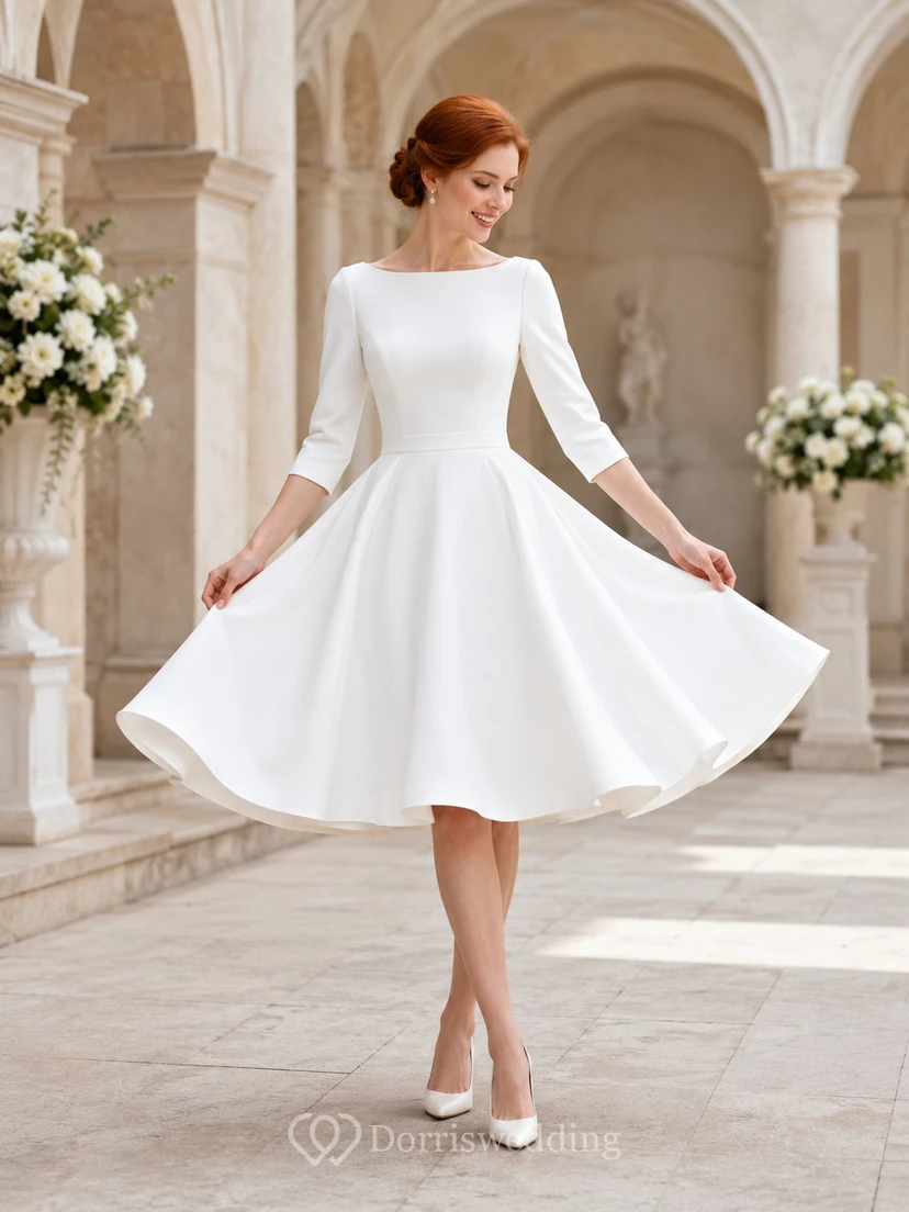 Vestido de novia de corte A vintage de satén con escote barco y mangas largas hasta la rodilla