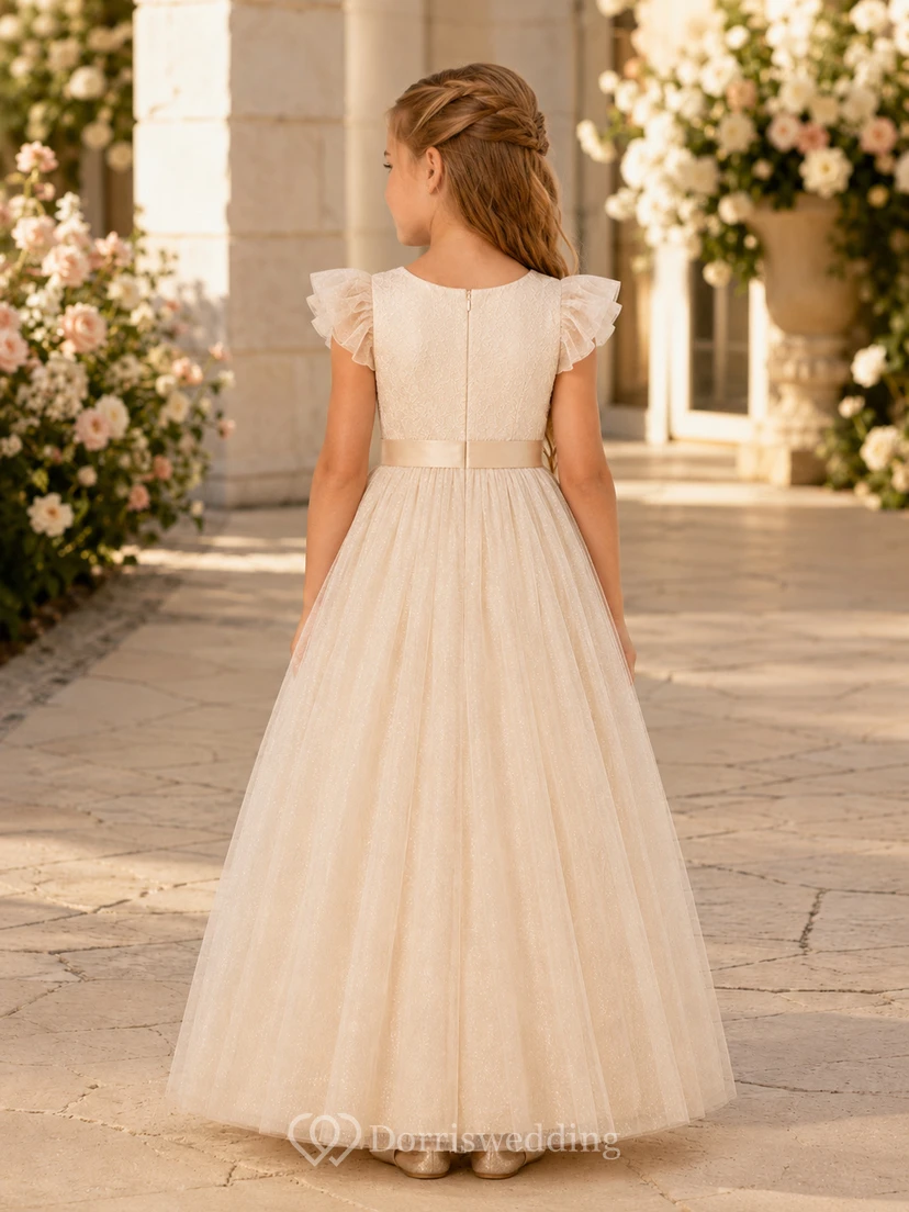Flower Girl Dress Ivory Lace Tulle A-Line Jewel Neck Tea Length view 2