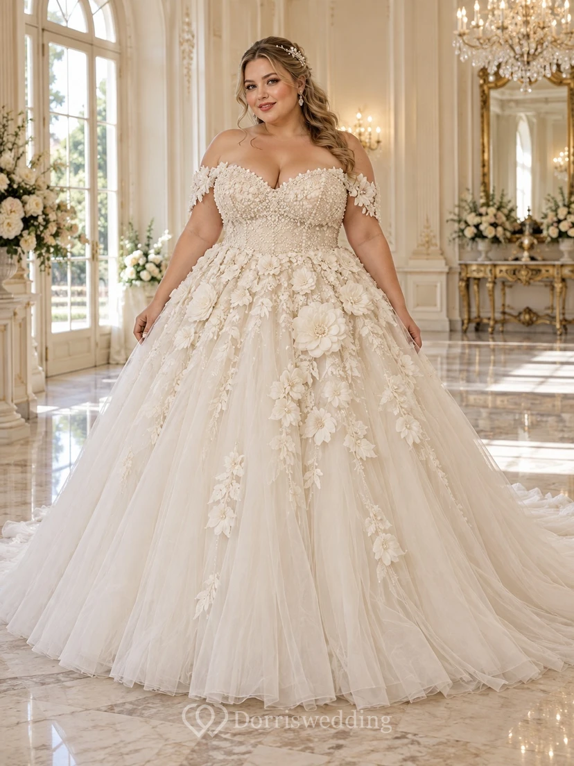 Vestido de novia de talla grande con escote corazón, hombros descubiertos y estampado floral, falda de tul con cuentas.