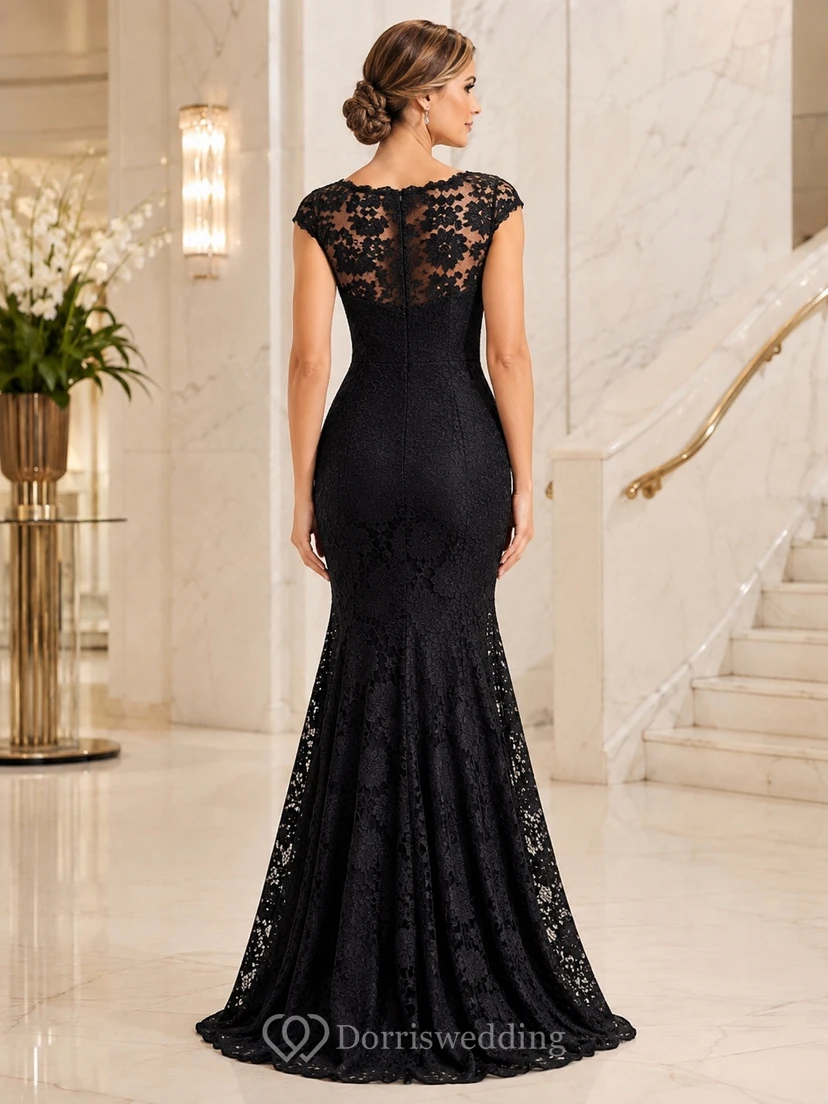 Black Illusion Cap Sleeve Lace Mermaid Sweep Train Elegant Luxury Formal Gown view 2