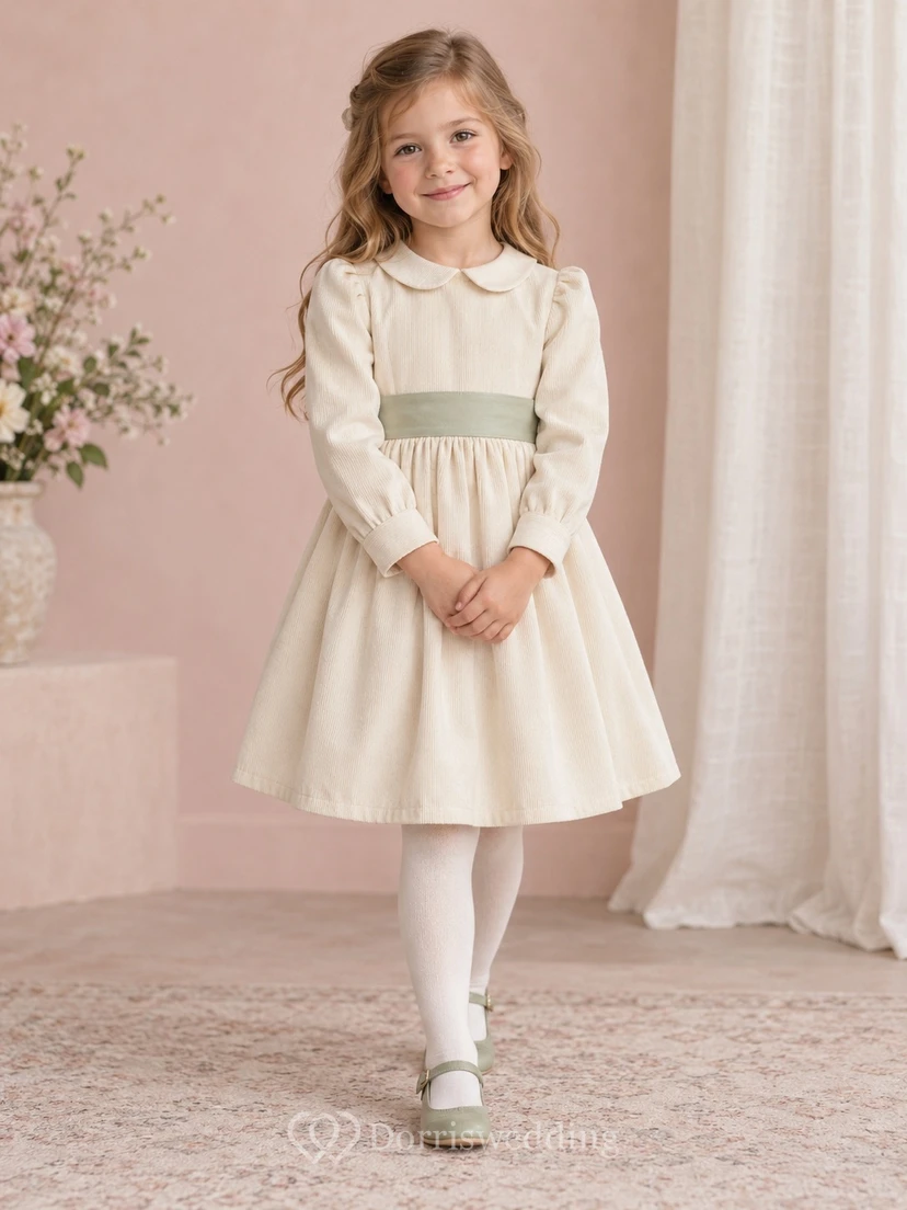 Modest Long Sleeve Ivory Knee Length Sage Sash Small Collared Corduroy Flower Girl Dress
