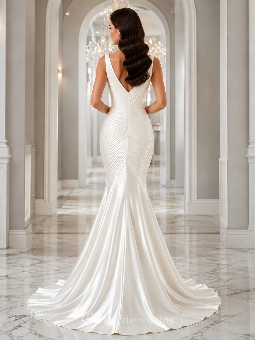 Simple Floor-length Sleeveless Bridal Ceremony Formal V-neck Mermaid/Trumpet Dress view 2