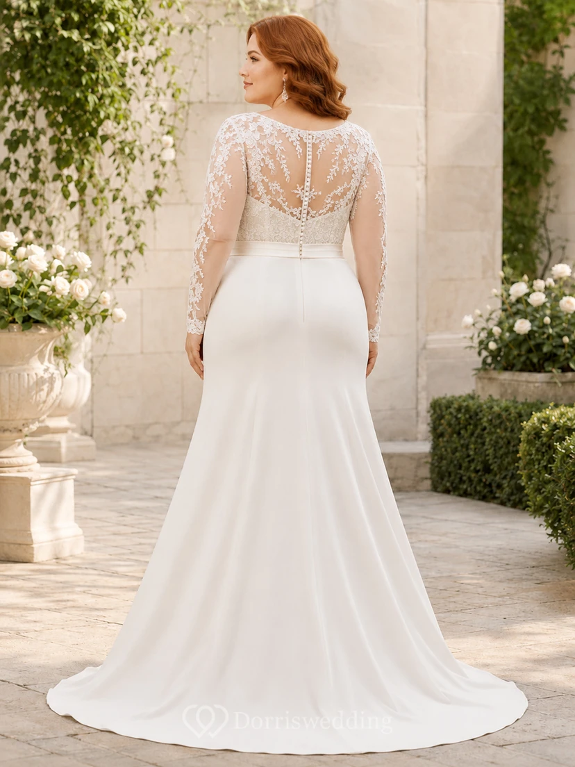 Robe de mariée sirène longue en satin satiné à manches illusion et décolleté rond, grande taille, à prix abordable. view 2