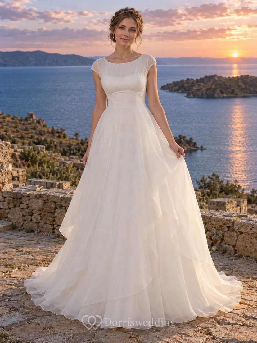 Vestido de novia de organza con escote ilusión, mangas cortas y corte en A, con superposición drapeada.