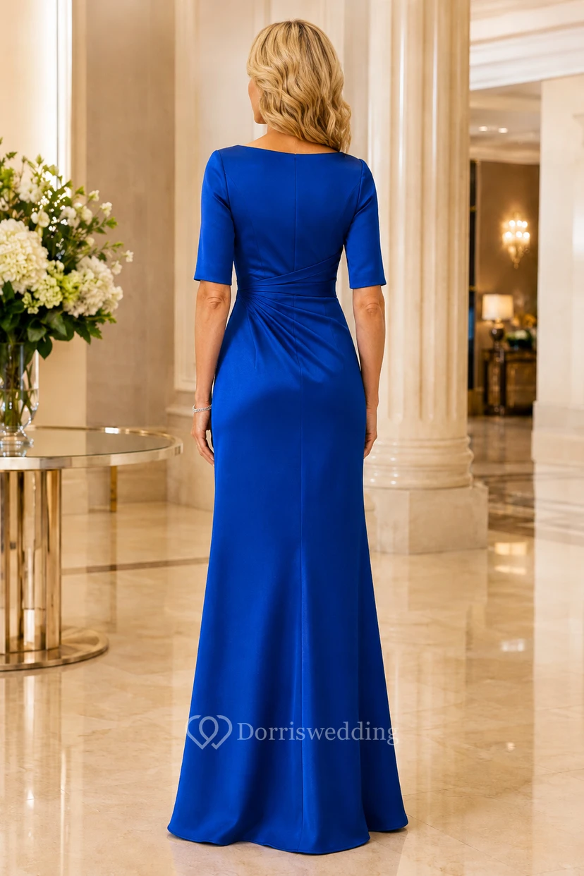 Königsblaues Satin-Mutterkleid mit halben Ärmeln und seitlicher Raffung view 2