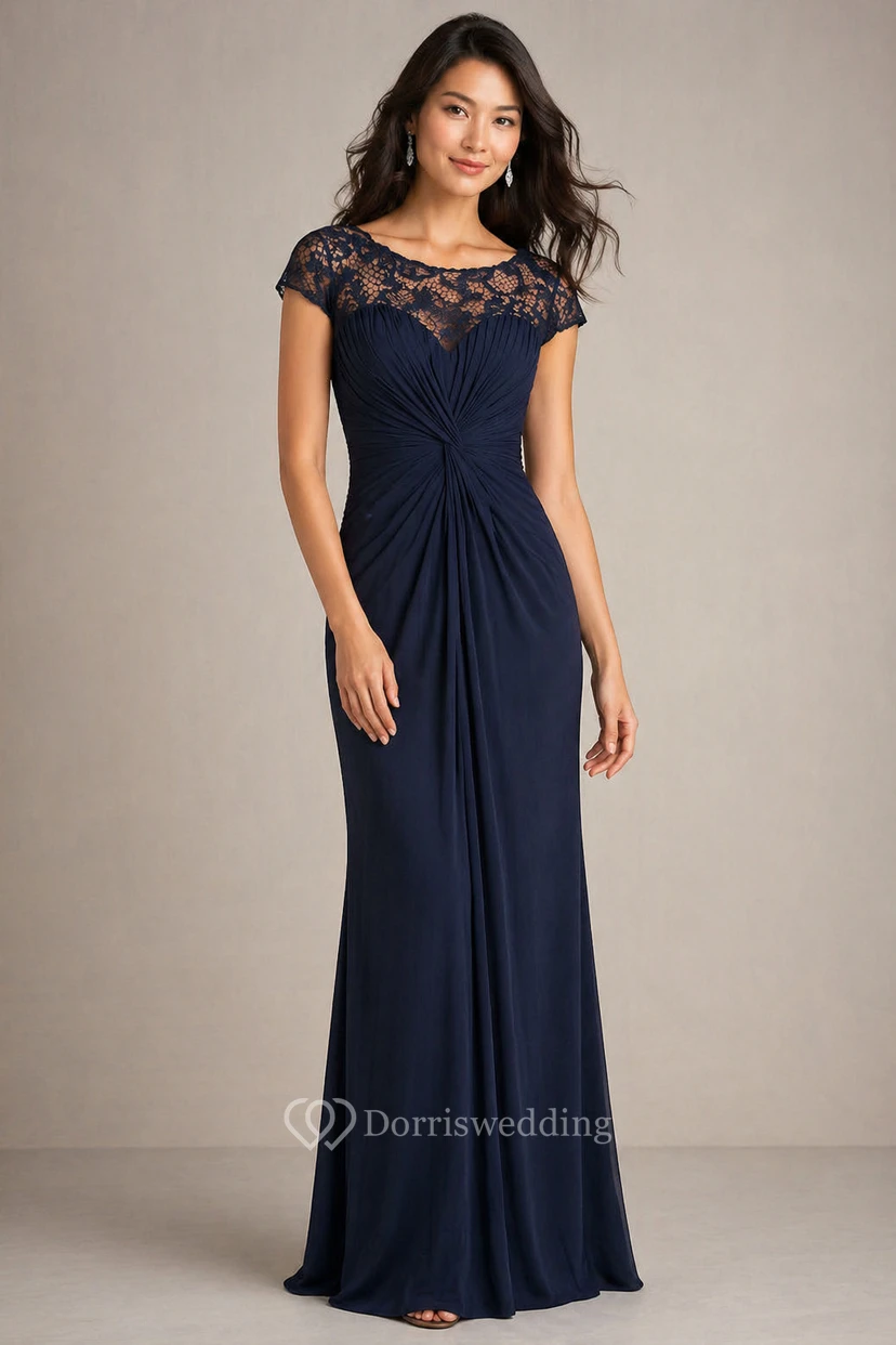 Robe longue à manches courtes froncée pour la mère de la mariée, avec encolure en dentelle illusion view 5