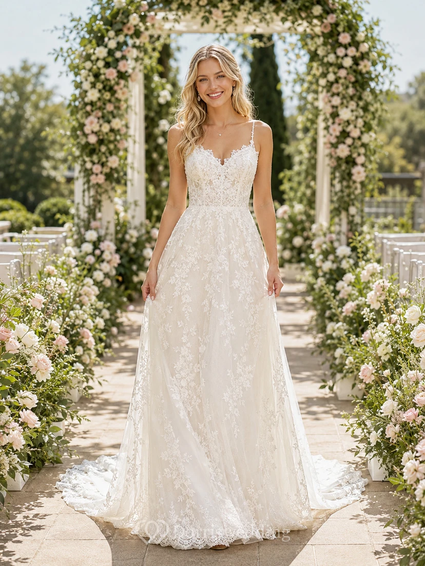 Spaghetti Strap Floral Lace Garden Bridal A Line Gown