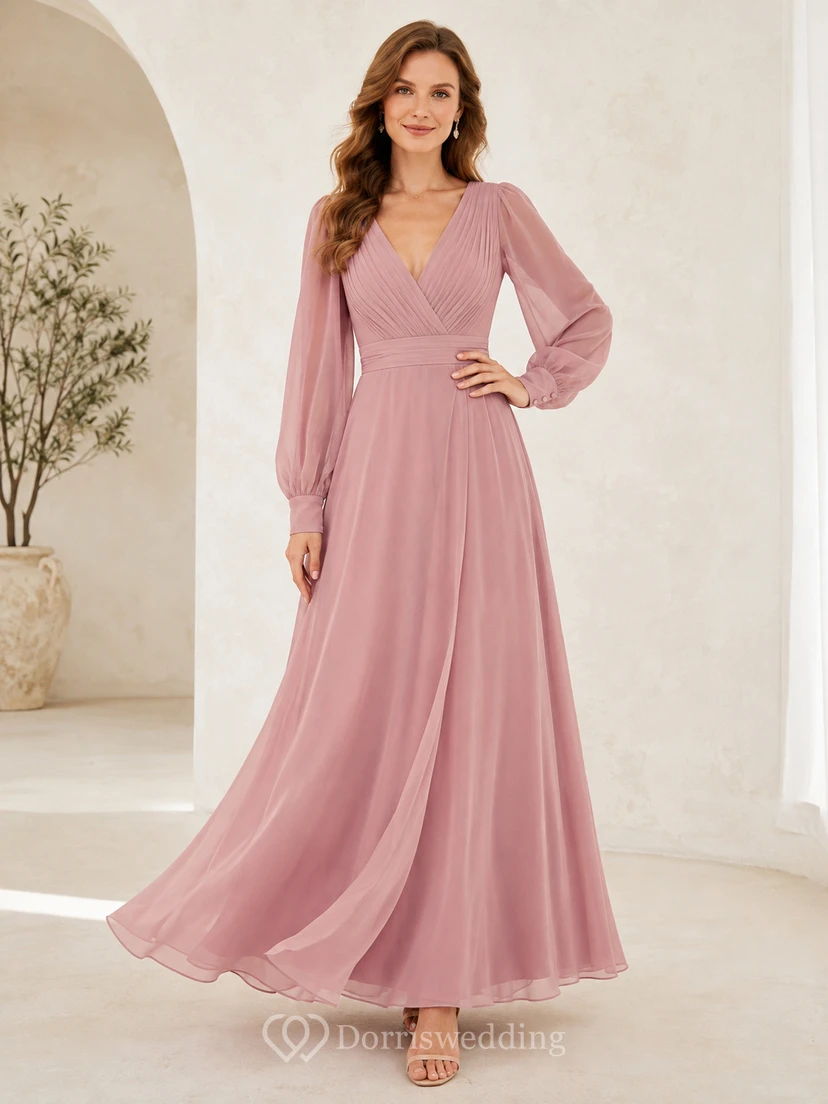 Abendkleid aus Chiffon in A-Linie, altrosa, mit V-Ausschnitt und langen Ärmeln (Poetenärmel)
