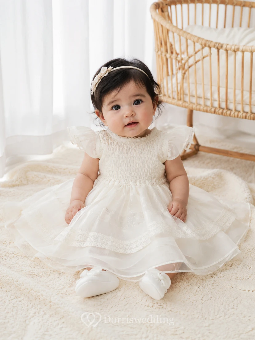 Flutter Sleeve Christening Dress A-Line Organza Tulle Jewel Neck Layered Skirt