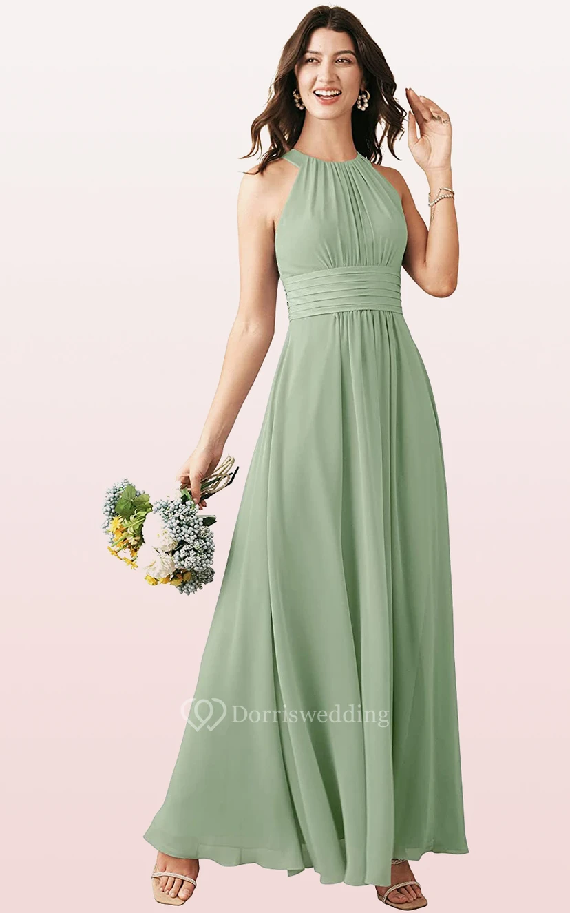 Modern Halter A Line Sleeveless Ankle-length Chiffon Bridesmaid Dress With Ruching view 13