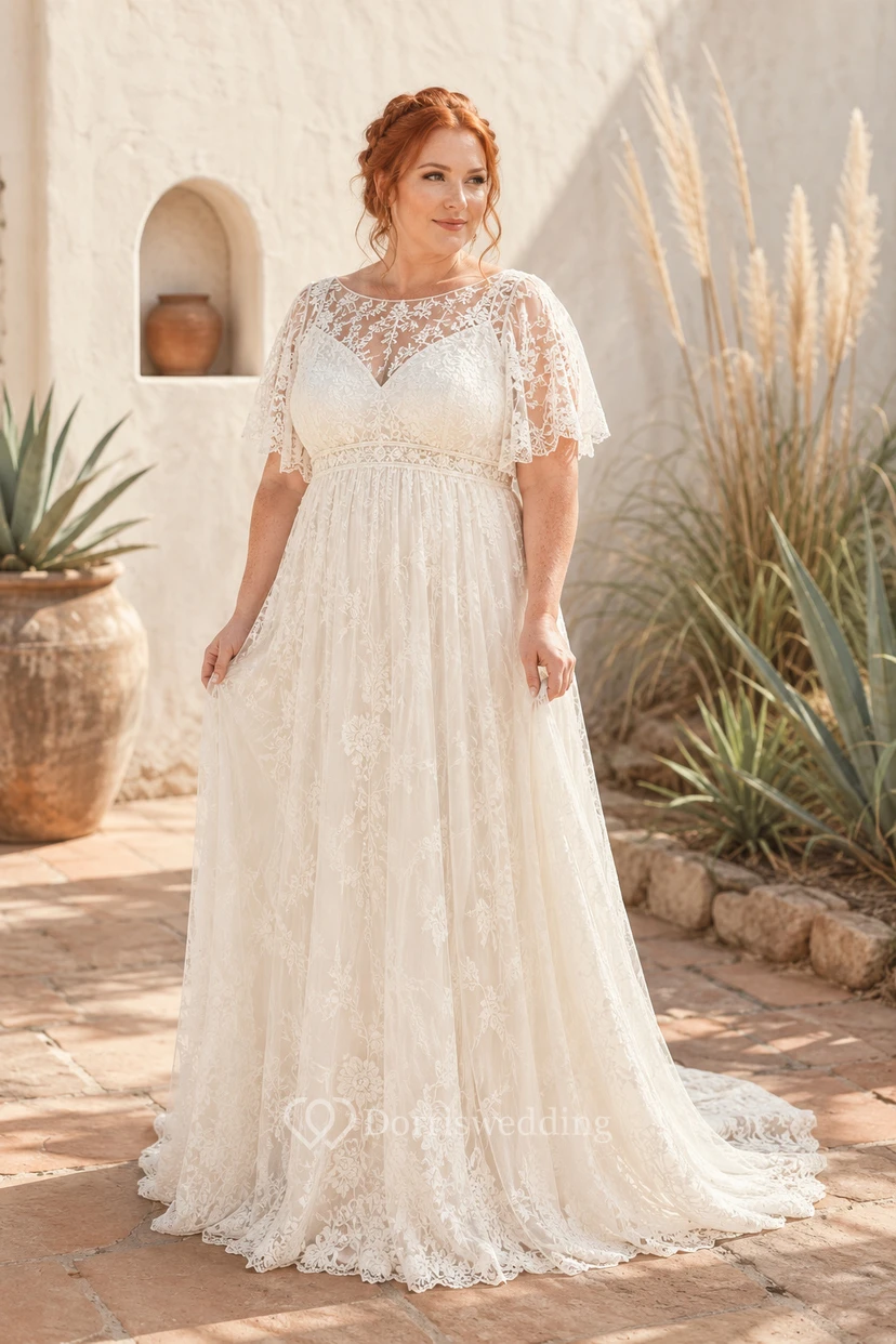 Plus Size Ivory Cap Sleeve Lace A-Line Wedding Dress Chapel Train