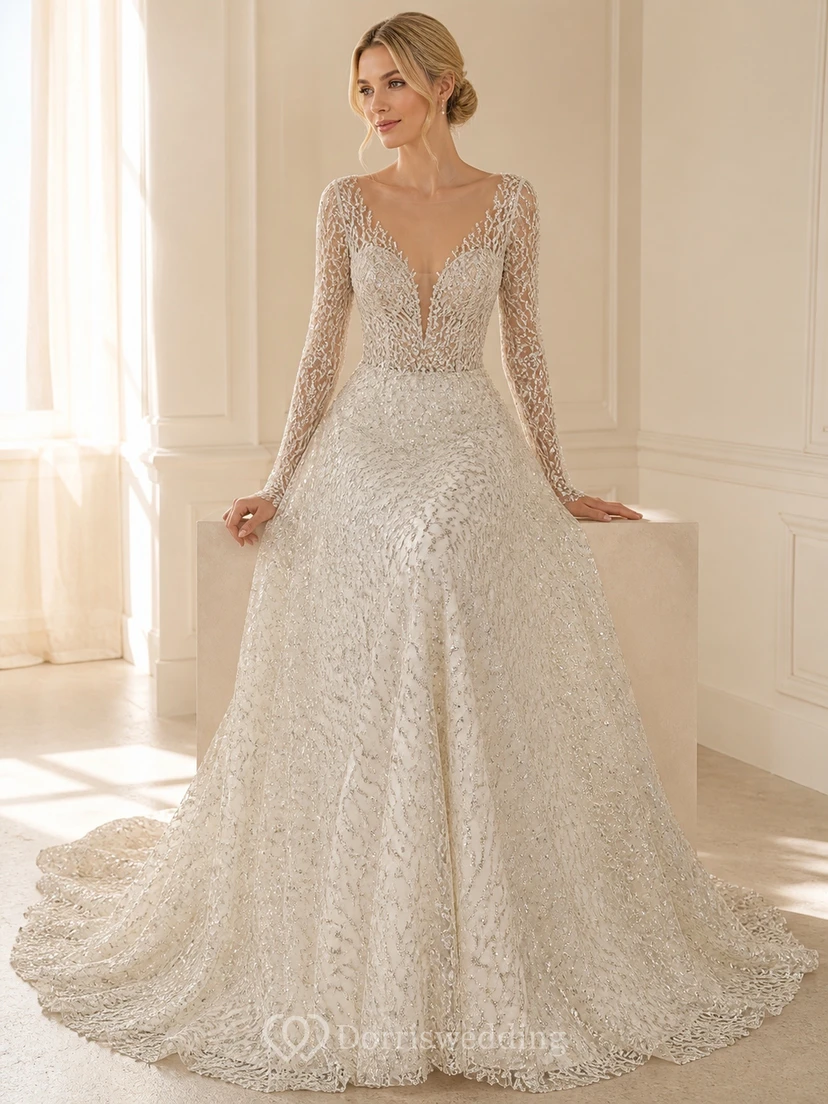 Vestido de novia de lujo estilo catedral con mangas largas y encaje radiante