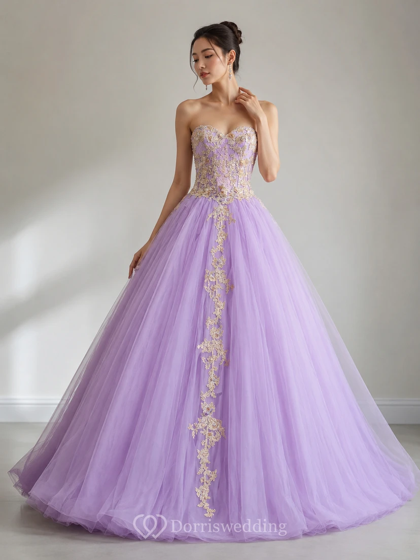 Langes Ballkleid mit Applikationen, Reißverschluss und Schnürung am Rücken aus Tüll und Spitze view 6