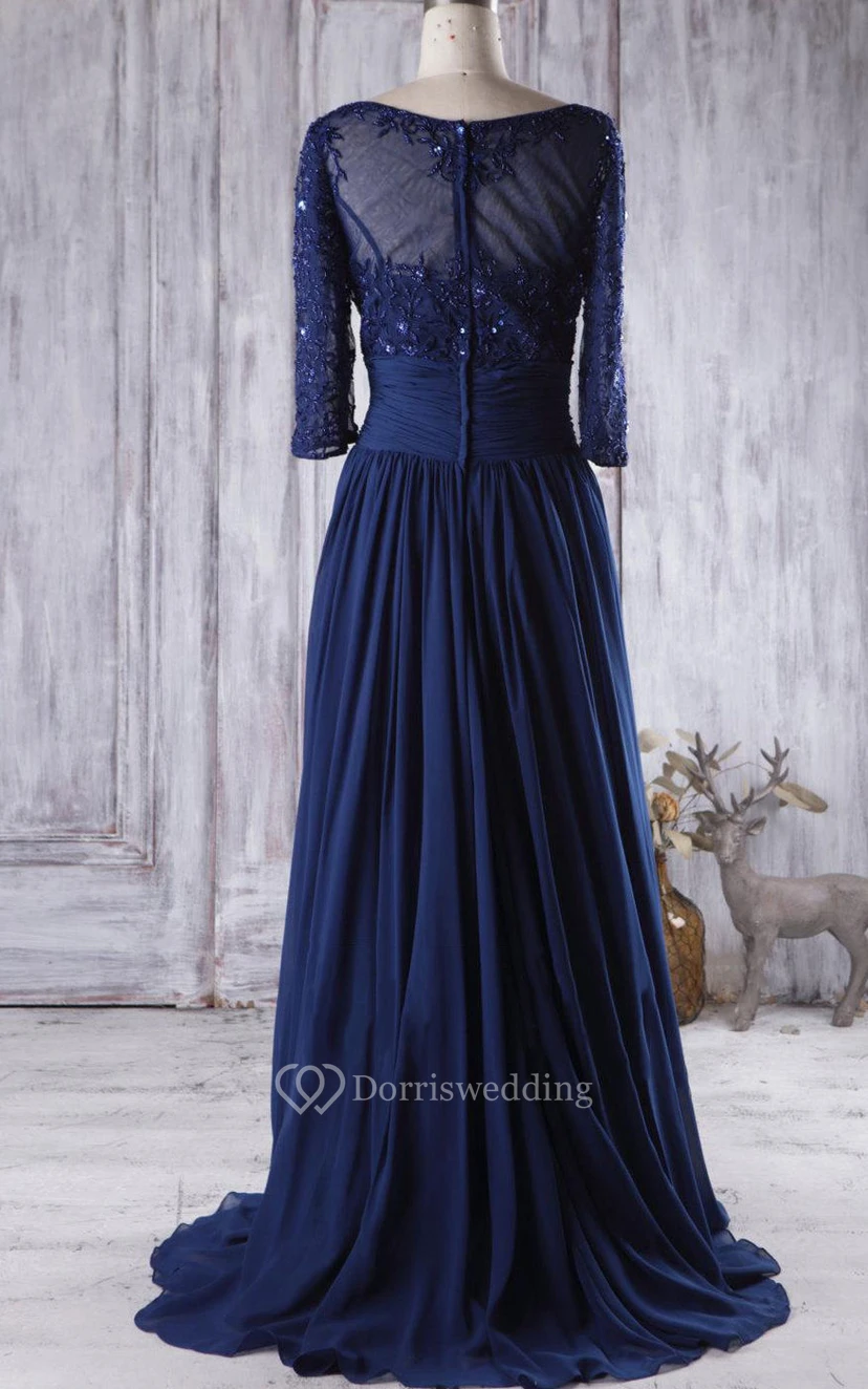 Floor-length Sweetheart Long Sleeve Chiffon&Tulle&Lace Dress With Beading&Illusion view 2