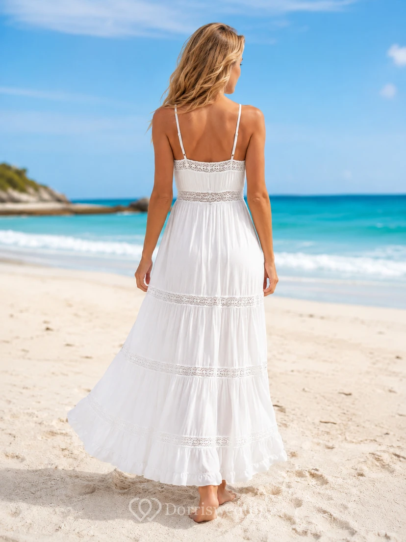 Vestido bohemio de gasa sin mangas, largo hasta los tobillos y corte en A de Strand Breeze, color blanco. view 2