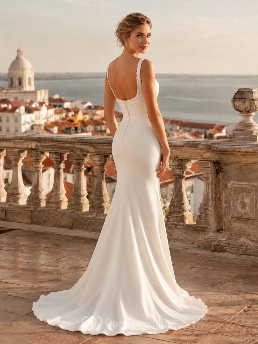 Robe de mariée sirène moderne en crêpe à bretelles carrées et dos boutonné, idéale pour une destination. view 2