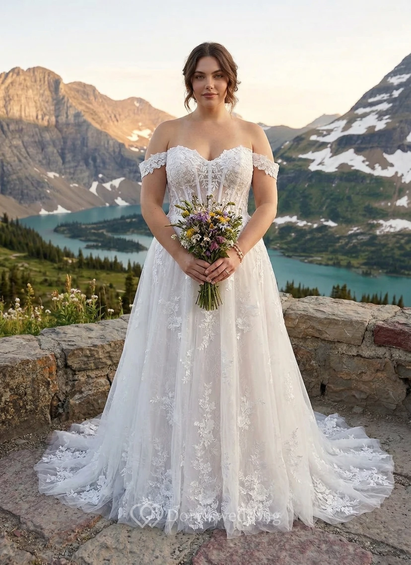 Plus Size Off Shoulder Lace Tulle A-Line Wedding Dress with Corset Back view 2