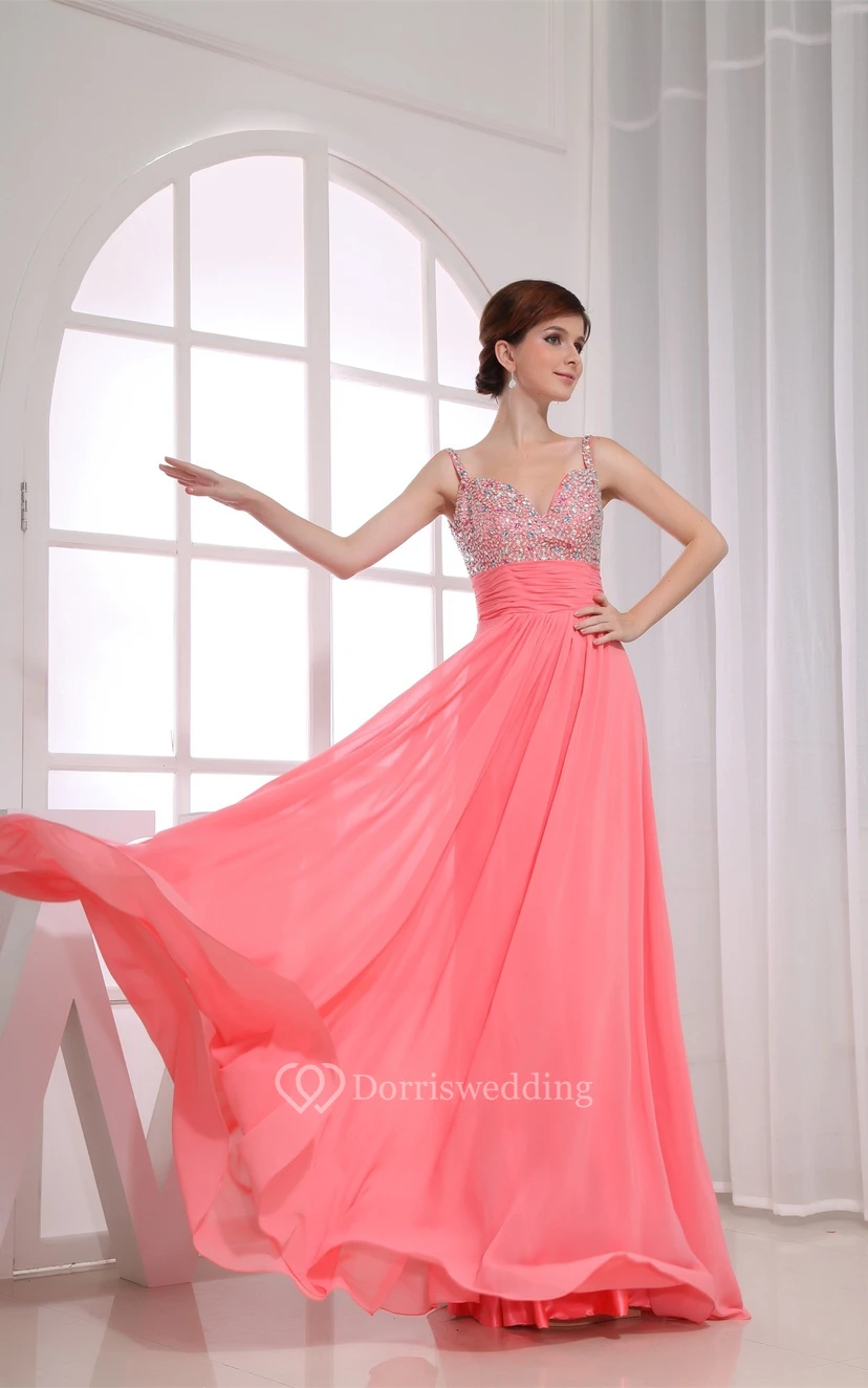 Spaghetti-Strap Floor-Length Chiffon Rhinestone and Dress With Pleats view 2