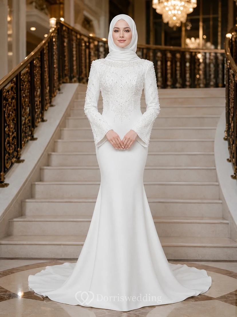 Robe de mariée sirène luxueuse à hijab et perles, style musulman, coupe escalier, style sirène.