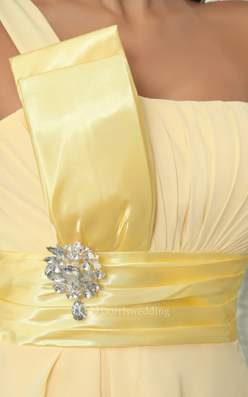 One-Shoulder Chiffon A-Line Dress With Broach and Ruched Waist view 4