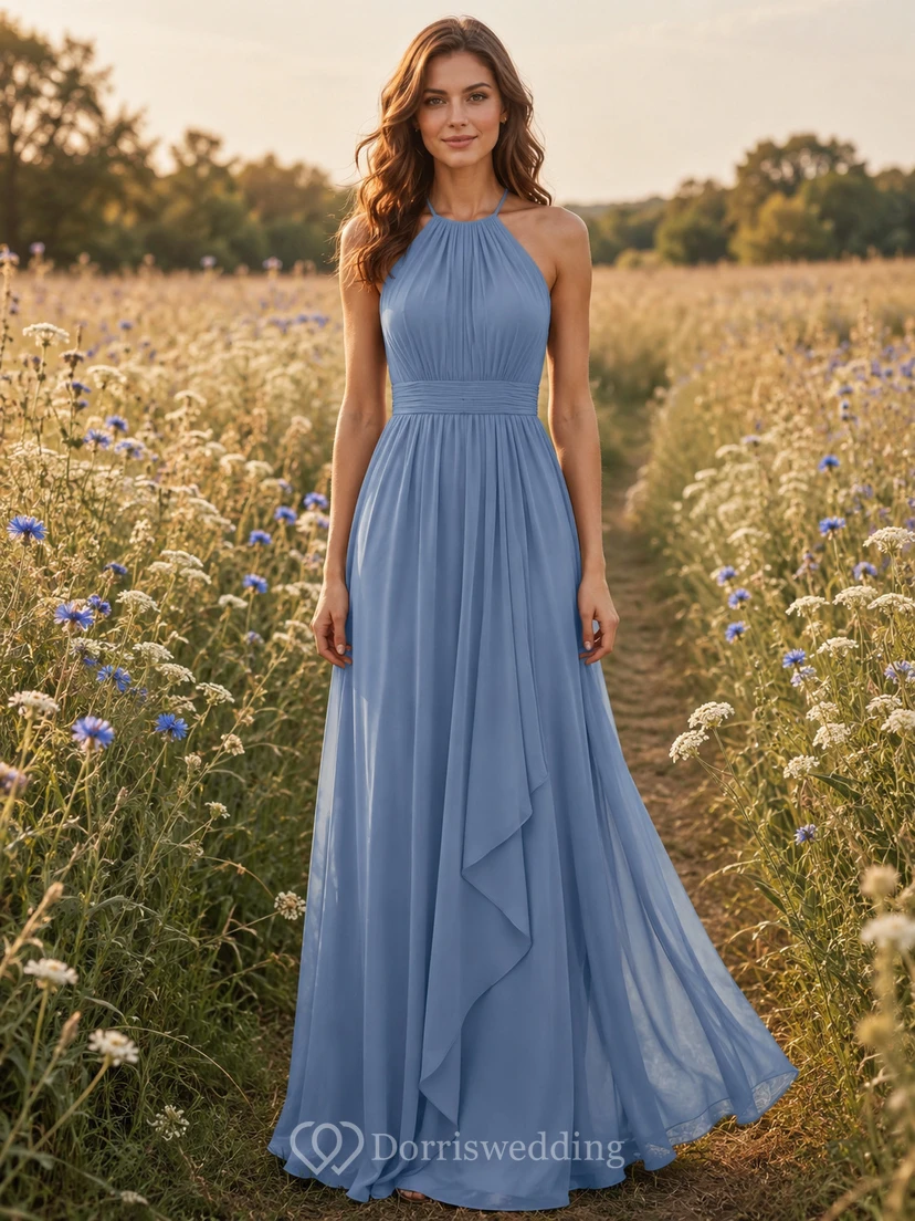 Steel Blue Chiffon A-Line Halter High Neck Sleeveless Draped Open Back Floor-Length Bridesmaid Dress