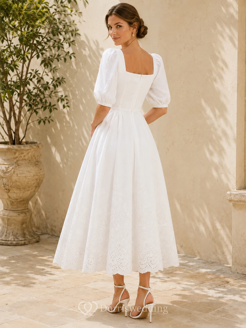 Vestido de novia romántico de encaje con escote cuadrado y mangas abullonadas hasta la rodilla view 2