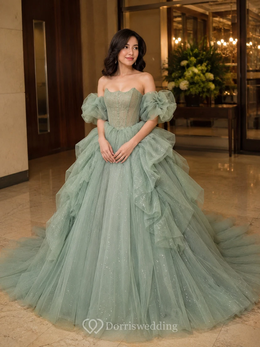 Robe de bal bleu clair à manches volantées view 10