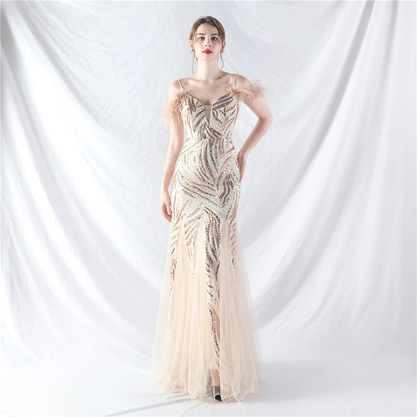 Crafted Ostrich Feather Stacked Sequins Splicing Mesh Gauze High-End Evening Dress Clothes view 51
